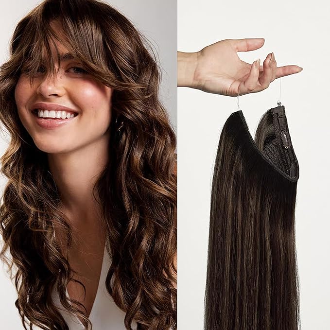 Luxy 100% Remy Human Hair – Halo Clip-In Hair Extensions –Natural Looking Volume & Length - One-Piece - Easy 5-Min Application 150 grams 12" Dimensional Rooted Honey Espresso