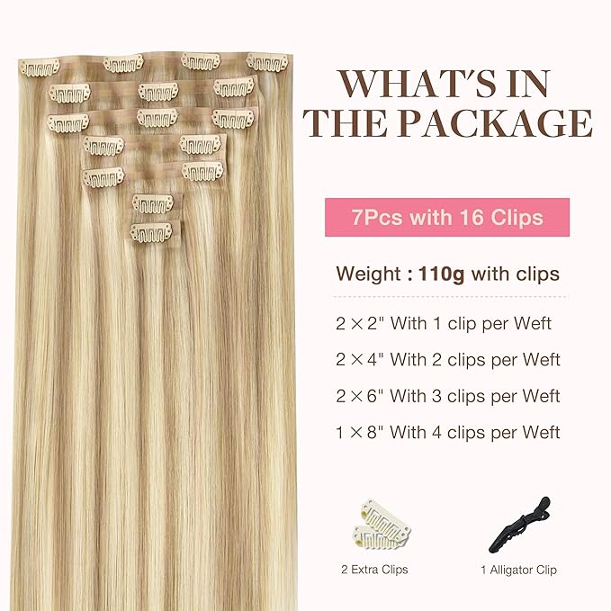 GOO GOO Clip in Hair Extensions Real Human Hair, Remy Human Hair Extensions Clip ins for Women, Natural Human Hair, 20inch 130g 7Pcs, #18A/613A Dark Blonde Highlighted Bleach Blonde