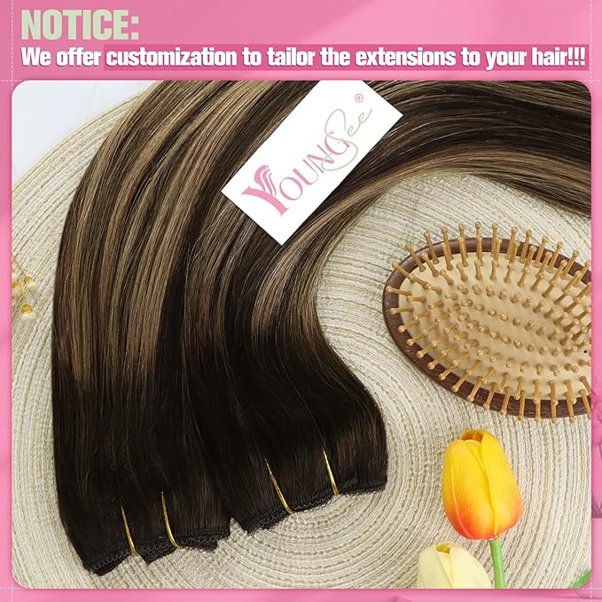 YoungSee Wire Human Hair Extensions Balayage Human Hair Wire Extensions Brown Fish Line Hair Extensions Balayage Chocolate Brown Mix Caramel Blonde for Women 16Inch 80G