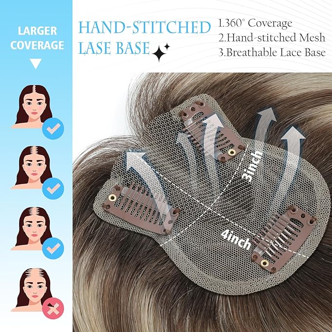 SARO-UP Hair Toppers for Women Real Human Hair Toppers for Women with Thinning Hair pieces with No Bangs 3 * 4Inch Hand-Tied Invisible Upgrade Swiss Base 10Inch Topper (2T613#)