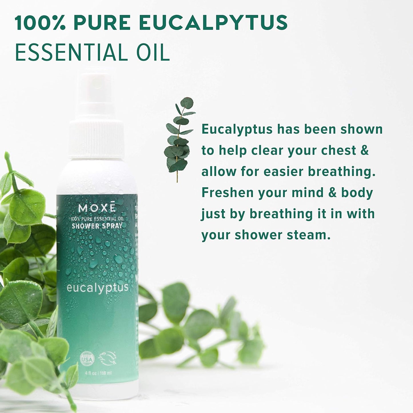 MOXE Eucalyptus Oil Shower Mist, Spa Steam Spray, Certified Natural 100% Essential Oils, Made in USA, Aromatherapy, Sinus Congestion Relief, Tension Relief (4oz)