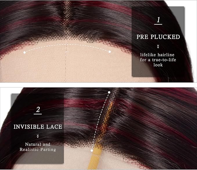 Black Mix Red Long Straight Wig for Women 26 Inches Synthetic Layered Wig Long Straight Synthetic Lace Front Wig Middle Part Synthetic Wigs for Daily Cosplay Party Use(#Black Mix Red, 26 Inch)