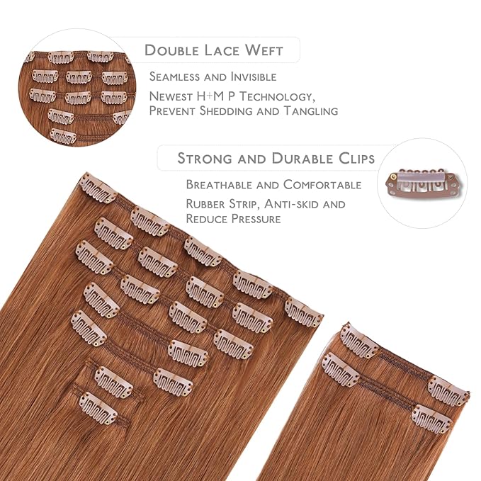 WENNALIFE Clip in Hair Extensions Real Human Hair, 22 Inch 150g 9pcs Human Hair Extensions Clip In Human Hair, Cinnamon Terra Copper Hair Extensions Clip In Real Hair Coloured Remy Human Hair Extensio