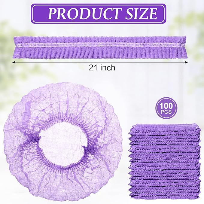 100 Pcs Disposable Nonwoven Bouffant Caps 21 Inch Hair Net Elastic Cap Hair Cover Hats for Beauty Salon Hospital Spa Catering Dust-free Workspace(Purple)