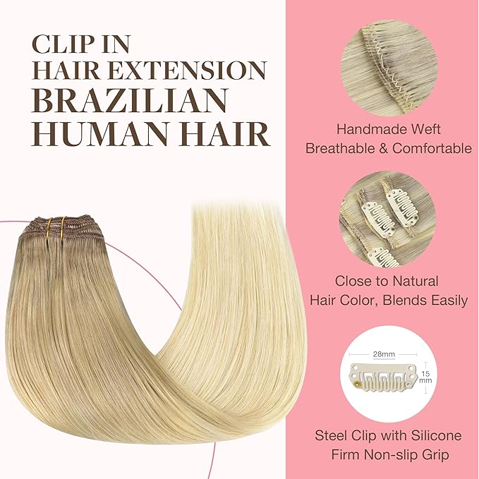 GOO GOO Clip in Hair Extensions Real Human Hair, Remy Human Hair Extensions Clip ins for Women, Natural Human Hair, 24inch 120g 7Pcs, #O7/60F