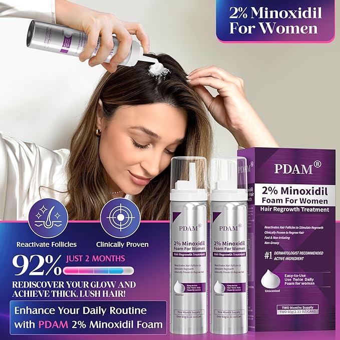 Minoxidil for Women Foam Hair Growth - Minoxidil Hair Regrowth Treatment for Women, Topical Solution Hair Loss Treatments, Thicker and Fuller Hair, 2-Month Supply, 2 x 2.11 oz