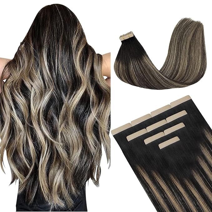 DOORES Tape in Hair Extensions Human Hair Balayage Natural Black to Light Blonde 24 Inch 10pcs 30g Human Hair Extensions Tape in Remy Natural Hair Extensions Straight