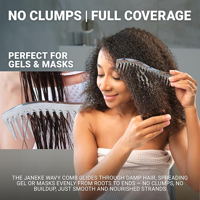 Janeke Wave Comb – Wide Tooth Detangling Comb for Wet & Curly Hair – Heat-Resistant, Anti-Static, Gentle on Scalp – Made in Italy Professional Hair Tool (Silver)