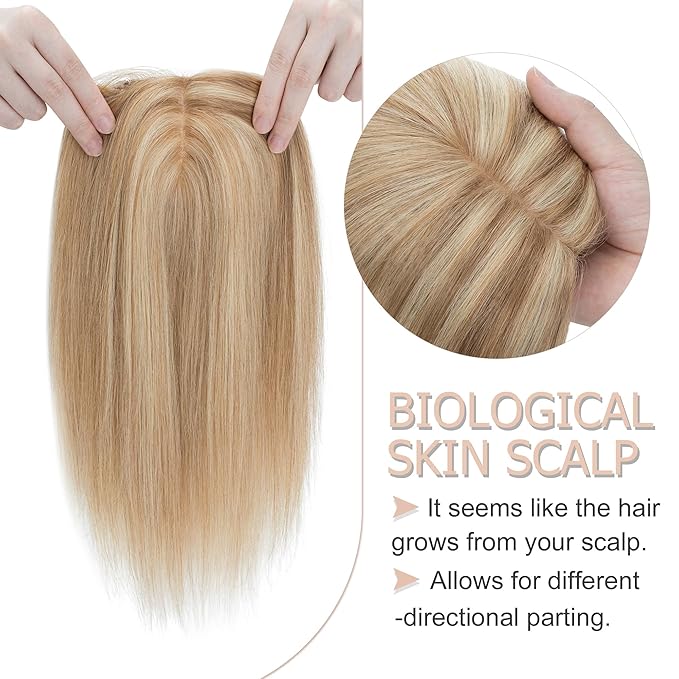 Hair Toppers for Women Real Human Hair No Bangs, 13 * 15 cm Larger Silk Base 150% Density Clip In Topper Hairpieces, Wiglet Top Pieces Add Volume -10 Inch 12P613 Golden Brown&Bleach Blonde