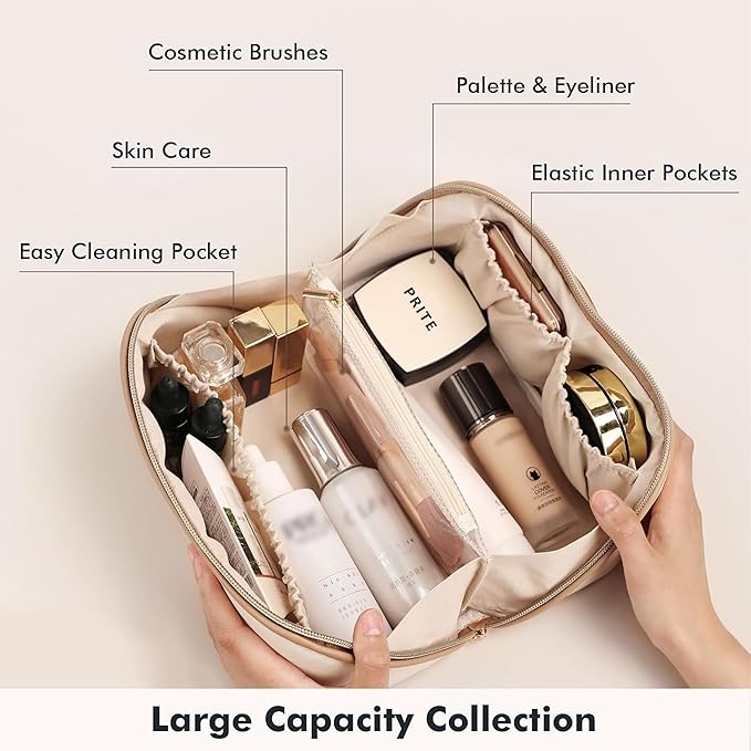Prite Makeup Bag for Women Travel Waterproof Vegan Leather Cosmetic Bag Open Flat Toiletry Bag With Clear Divider and Handle (Beige)