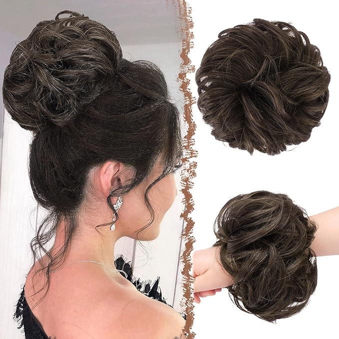 FESHFEN Messy Bun Hair Piece - Large Elastic Wavy Curly Hair Bun Scrunchies Ponytail Extensions Synthetic Chignon Hairpieces for Women, Mixed Chocolate Brown 1.94oz