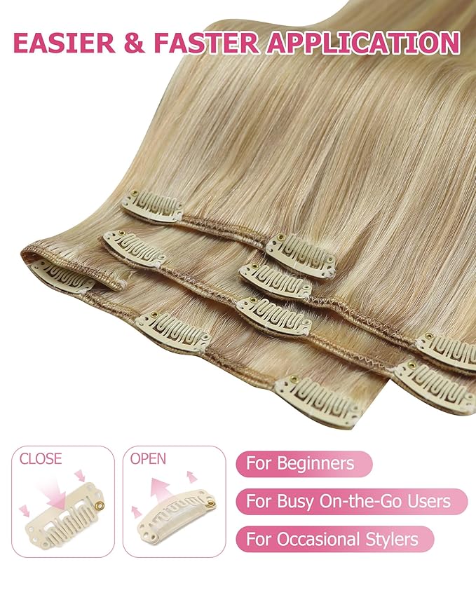 YoungSee Highlight Clip in Hair Extensions Human Hair Golden Blonde Clip in Extensions Real Human Hair Light Blonde Highlights Real Human Hair Extensions Clip ins for Women 16Inch 7Pcs 120G