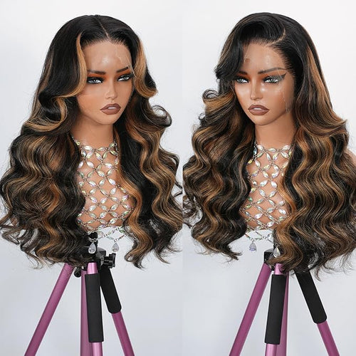 1B/30 Highlight Ombre Body Wave 13x4 Full Frontal Lace Wig SKINLIKE Swiss HD Lace Wig 0.10mm Ultra-thin Invisible Pre plucked Bleached Tiny Knots Balayage Brown Colored Wigs for Women 200% Density