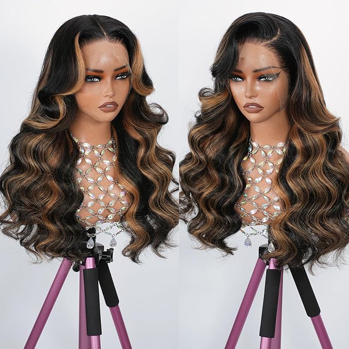 Body Wave Highlight Ombre Lace Front Wig Human Hair 13x4 Full Frontal Lace Wig Skinlike Swiss HD Lace 0.10mm Ultra-thin Invisible 200 Density 100% Real Human Hair Pre-plucked Tiny Knots Balayage Brown