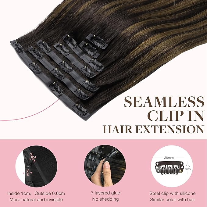 GOO GOO Clip in Hair Extensions Real Human Hair, Remy Human Hair Extensions Clip ins for Women, Natural Human Hair, 16inch 110g 7Pcs, 2/6/2 Balayage Dark Brown to Chestnut Brown
