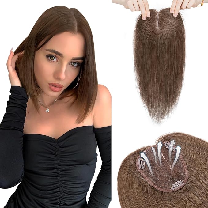 Hairro 100% Human Hair Topper No Bangs, Real Clip in Hair Hairpieces for Women, 3.94x4.72 Silk Base for Thinning Receding High Hairline, 12 Inch Dark Brown Side Part