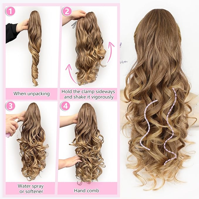 ALXNAN Ponytail Extension,24 Inch Claw Clip in Long Curly Wavy Dark Ash Blonde with Golden Ends Ponytail Hair Extension Jaw Clip on Pony Tails Hairpiece for Women