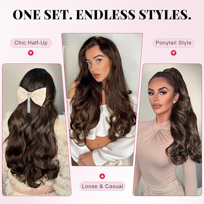 ALXNAN Long Wavy Hair Extensions for Women, Clip in Hair Extensions Clip Ins Soft Full Head Synthetic Hairpieces 20 Inch Black Mix Rose Pink Highlights