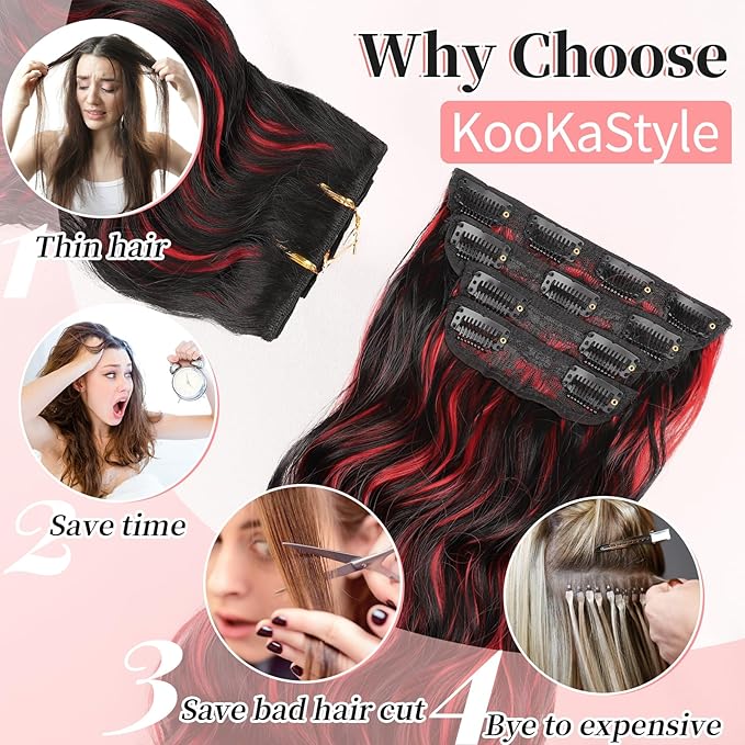KooKaStyle Hair Extensions Black Mix Red Highlights 1B/113# Clip in Synthetic Highlight Hair Extensions Long Wavy 4PCS Thick Hairpieces 20 Inch for Women