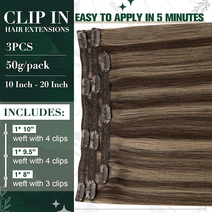 RUNATURE Short Hair Extensions Clip Ins, 10 Inch Real Clip in Hair Extensions for Women, Double Weft Remy Natural Hair, Can Be Styled, 50g 3pcs, #3P12 Walnut Brown Highlight Honey Blonde