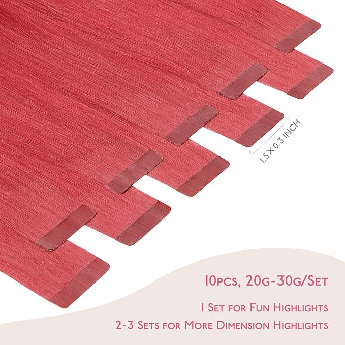 WENNALIFE Tape in Hair Extensions Human Hair Coral Red Tape in Extensions, 10pcs 25g 14 inch Remy Invisible Tape Ins Straight Colored Soft Real Human Hair Tape in Extensions Refill Set Extensions