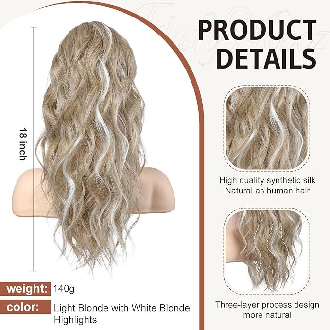 FLUFYMOOZ Ponytail Extension, 18 Inch Claw Clip Ponytail Extension, Wavy Curly Claw Clip in Ponytail Hair Extensions, Fake Ponytail Synthetic Hairpiece for Women (Blonde with White Blonde Highlights)