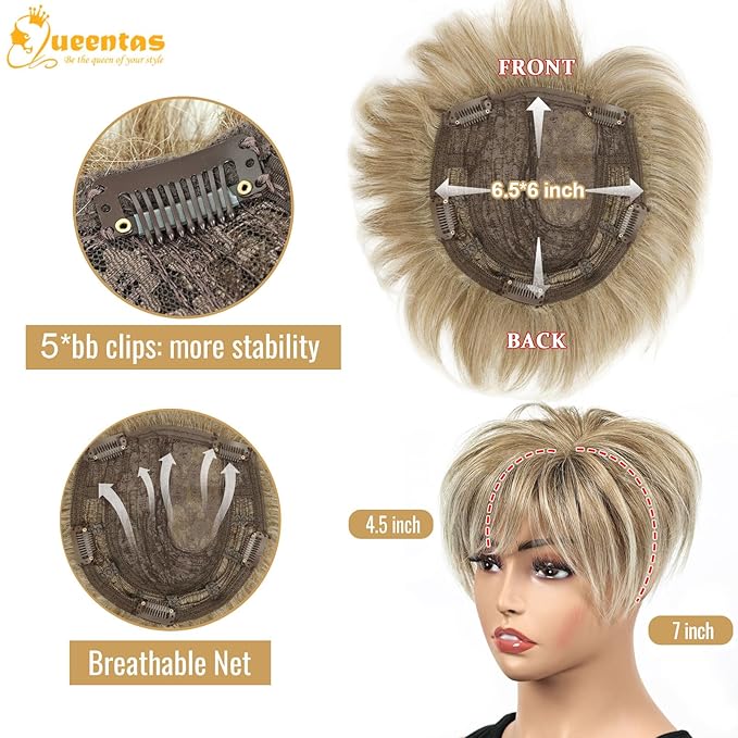 QUEENTAS Hair Topper for Women with Thinning Hair Pieces 6.5"*6"Large Coverage 360°3D Synthetic Short Wiglets with 5 Clips(Blonde Mixed Brown)