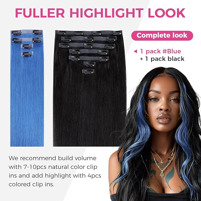 Lashey Hair Extensions Real Human Hair 48g 4pcs Blue 20 Inch Long Straight Seamless Clip in Hair Extensions Human Hair for Colored Highlight