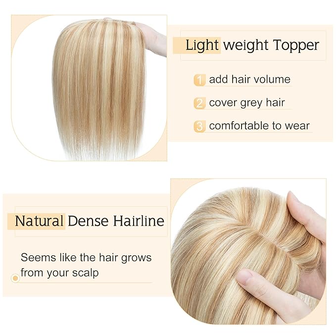 SEGO Human Hair Toppers for Women With Thinning Hair, 7 * 13CM Silk Base 100% Real Human Hair Clip in Top Wiglet Hairpieces -10 Inch No Bangs 12P613 Golden Brown&Bleach Blonde