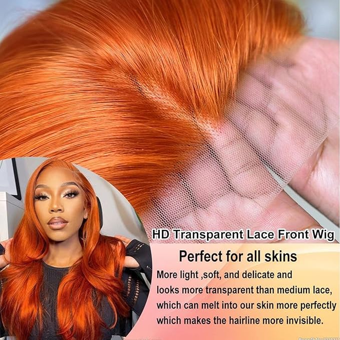 Ginger Wig Human Hair 13x4 Straight Ginger Orange Lace Front Wigs Human Hair HD Transparent Lace Frontal 350 Colored Wig Pre Plucked 180% Density 20inch