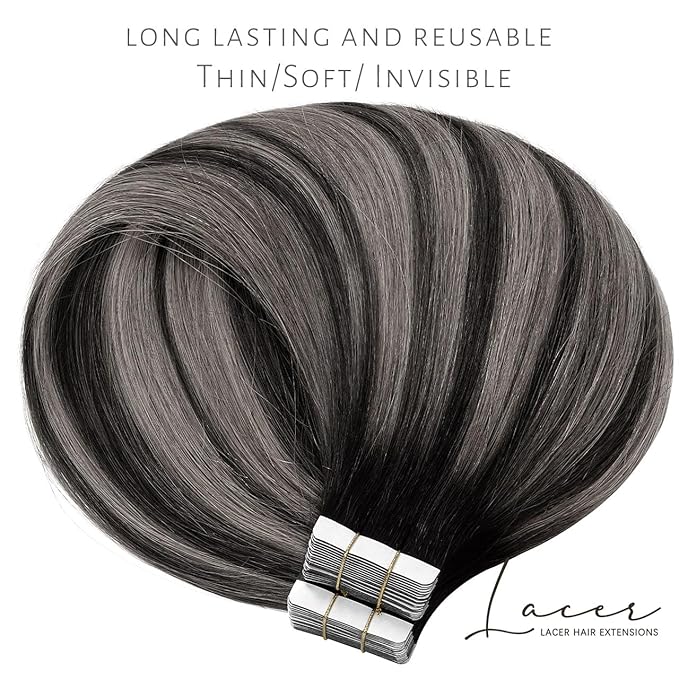Lacer Grey Tape in Hair Extensions 18 Inch Natural Black to Silver Highlights Tape in Extensions with Natural Black Roots Color 20pcs/50g