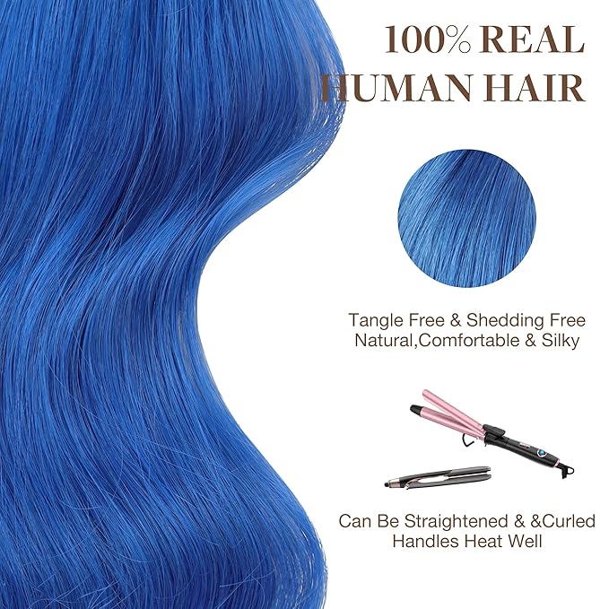 GOO GOO Tape in Hair Extensions Human Hair, Blue, 20inch 30g 10pcs, Colored Tape ins Human Hair Extensions, Silky&Soft Invisible Tape Ins, Hair Highlighted for Party