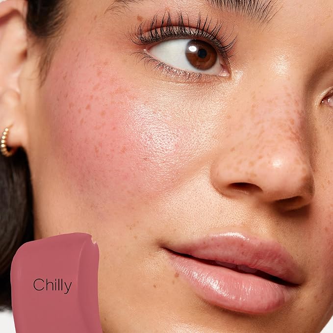 Saie Dew Blush - Lightweight Liquid Blush with a Blendable + Buildable Cream Finish - Dewy Cheek Tint with Doe Foot Wand Makeup Applicator - Mauve Blush - Chilly (.40 oz)