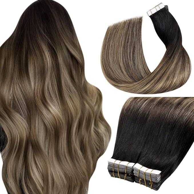 LaaVoo Tape in Hair Extensions Human Hair Real Hair Extensions Tape in 24 Inch Ombre Black to Brown Mix Caramel Blonde Human Hair 40pcs/100g