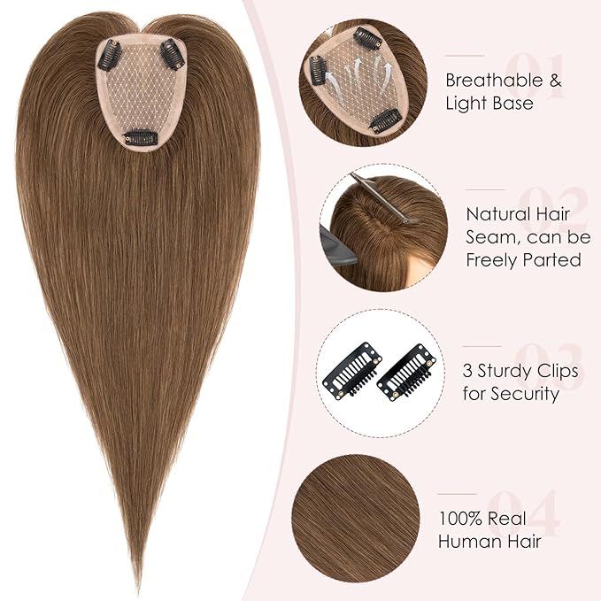 Hairro Human Hair Toppers Free Parted, 3.5x4.7" Base Hand-wovened 100% Real Hairpieces, with Invisible Clips-in for Women, for High Hairline/Adding Volume on Top, 10 Inch Mocha Brown