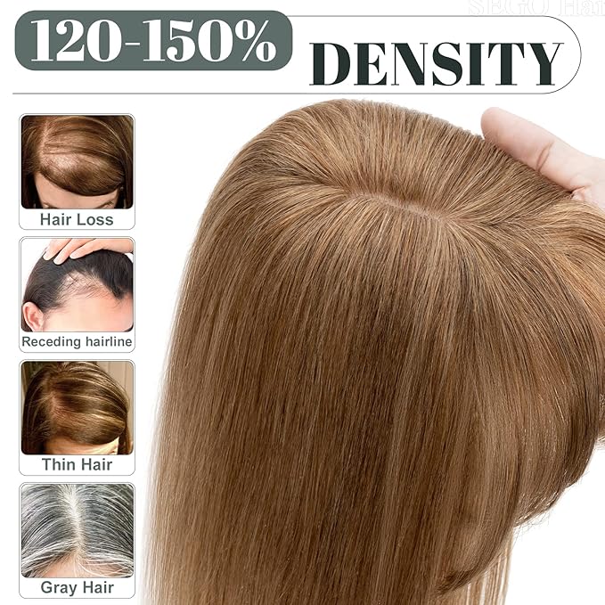 SEGO Hair Toppers for Women Real Human Hair with Thinning Hair, Toppers Hair Pieces Clip in Toppers Straight Hair Pieces with Front Bangs 150% Density Silk Base -6 Inch #6 Light Brown