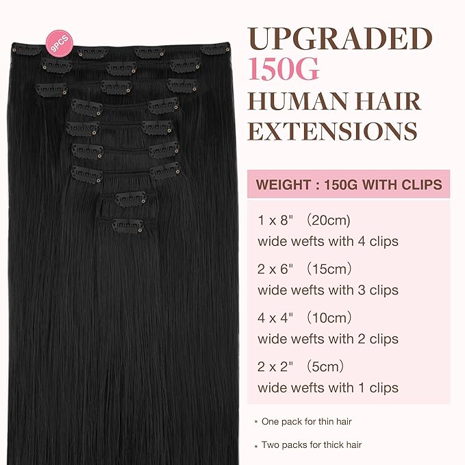 GOO GOO Clip in Hair Extensions Real Human Hair, Remy Human Hair Extensions Clip ins for Women, Natural Human Hair, 24inch 240g 9Pcs, #1 Jet Black