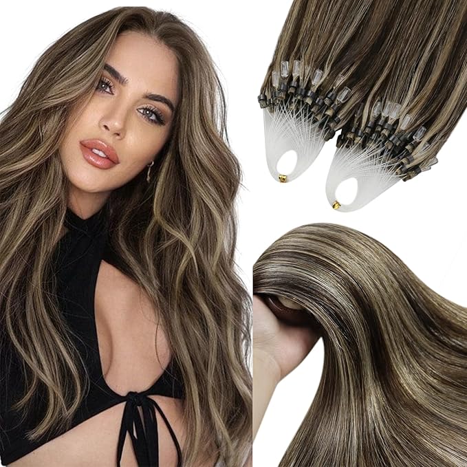 YoungSee Microlink Hair Extensions Human Hair Brown Highlight Micro Bead Hair Extensions Real Human Hair Dark Brown Highlight Caramel Blonde Beaded Hair Extension Short Hair Extension 14 Inch 50g 50s