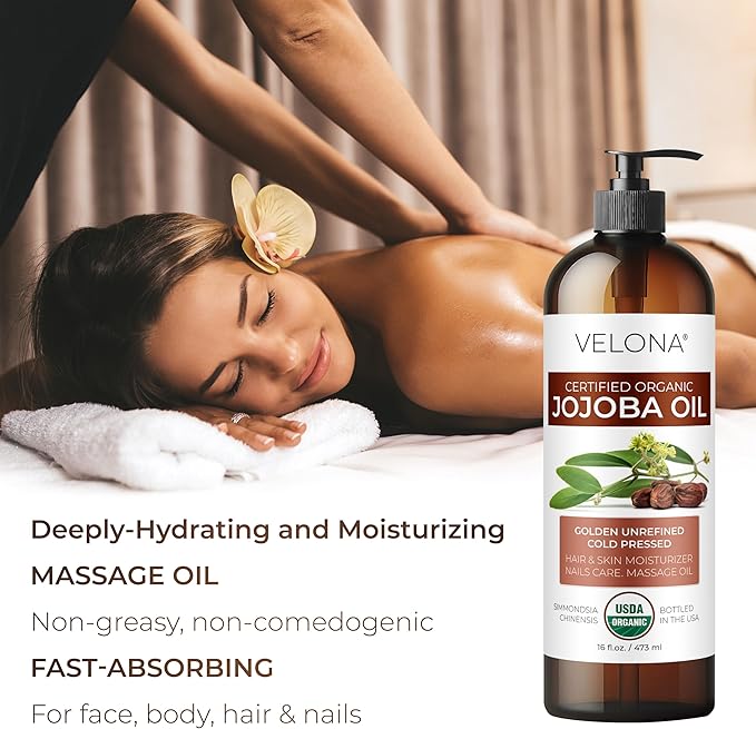 velona Jojoba Oil USDA Certified Organic - 16 fl oz (With Pump) | 100% Pure and Natural | Golden, Unrefined, Cold Pressed, Hexane Free | Moisturizing Face, Hair, Body, Skin Care