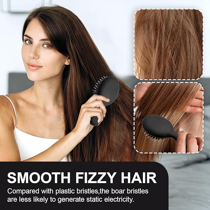 Mini Boar Bristles Hair Bursh, Travel Size Hair Brush for Women Men Kids, Protable Small Hair Brushes for Pockets Purses, Mini Hair Brush for Smooth Add Shine (1 Pack-Black)