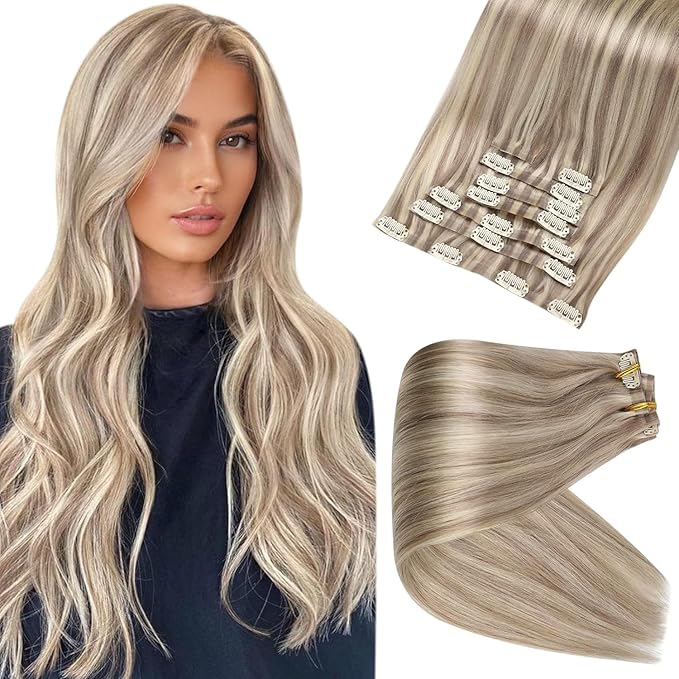 Full Shine Blonde Clip in Hair Extensions Highlights Human Hair Clip ins Ash Blonde Mix Bleach Blonde PU Clip in Hair Extensions Remy Hair 12 Inch 8 PCS 80 G