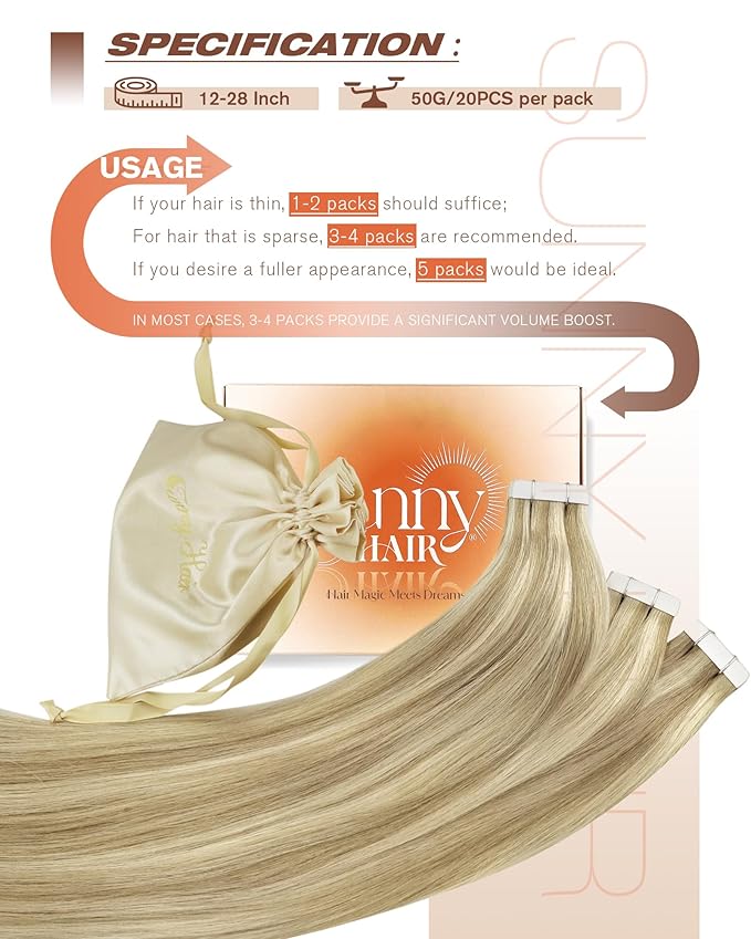 Sunny Hair Tape in Hair Extensions Real Human Hair Invisible Remy Hair Extensions Tape ins for Women Golden Blonde Highlight Medium Blonde 12 inch 20Pcs 30G