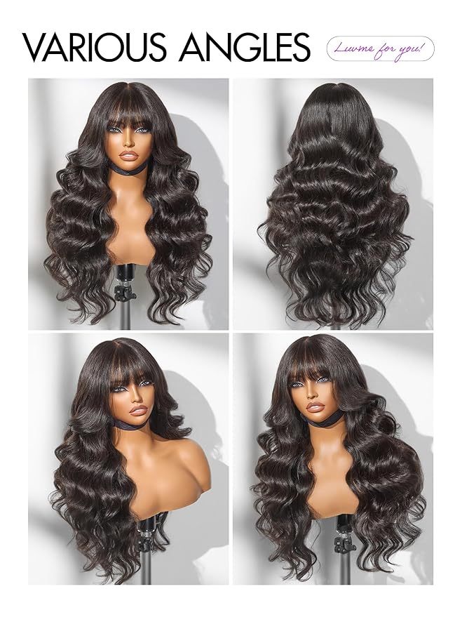 LUVME HAIR 7x6 HD Lace All-Day Comfort Wig with Bangs 200% Density Hair PartingMax Lace Wigs Loose Body Wave Lace Front Wigs Human Hair Pre Cut Plucked Lace Frontal Glueless 20 Inches