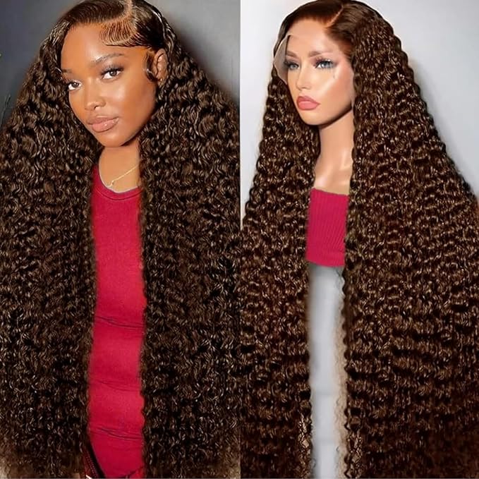 26 Inch Chocolate Brown Deep Wave Lace Front Wigs Human Hair Pre Plucked 200% Density 13x6 HD Lace Frontal Wigs with Baby Hair Deep Curly Wet and Wavy Glueless Wigs for Women (4# Brown, 26 Inch)