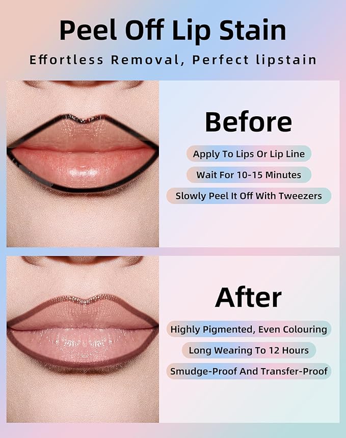 KIMUSE Lip Stain Peel Off, Peel Off Lip Liner Stain with Tweezer, Long Lasting, Waterproof, Transfer Proof Lipstains Color, Smudge-Free, Easy Removal, Matte Finish