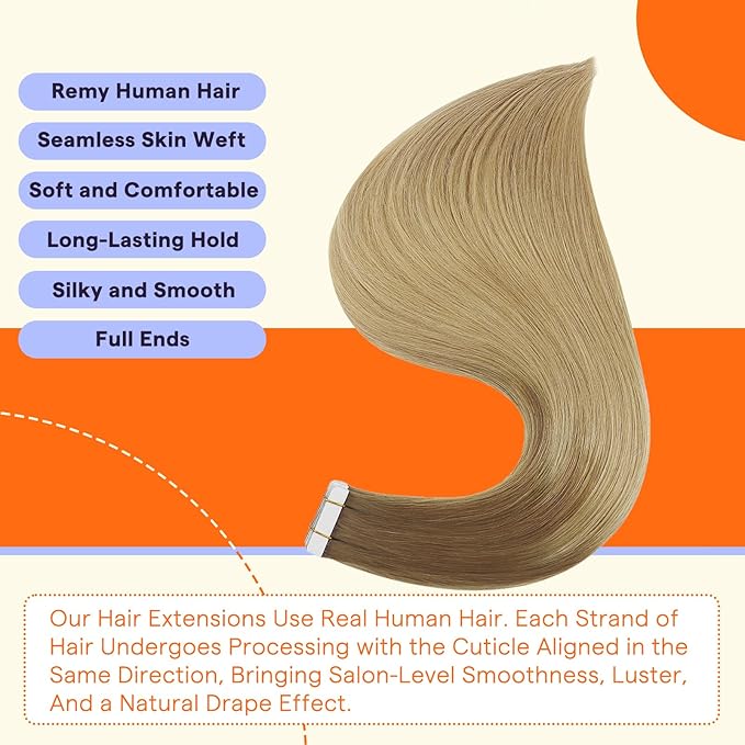 Full Shine Tape in Hair Extensions Human Hair Color 10 Golden Brown Fading to 14 Golden Blonde Invisible Double Sided Human Hair Extensions Tape in 20 Inch Soft and Silky 50 Grams 20 PCS for Wedding