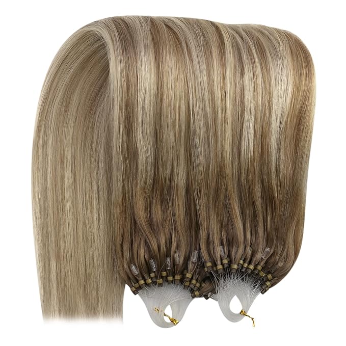 YoungSee Micro Link Hair Extensions Human Hair Ombre Microloop Hair Extensions Human Hair Balayage Light Brown with Blonde Beaded Hair Extension Cold Fusion for Long Hair 24 Inch 50s 50g