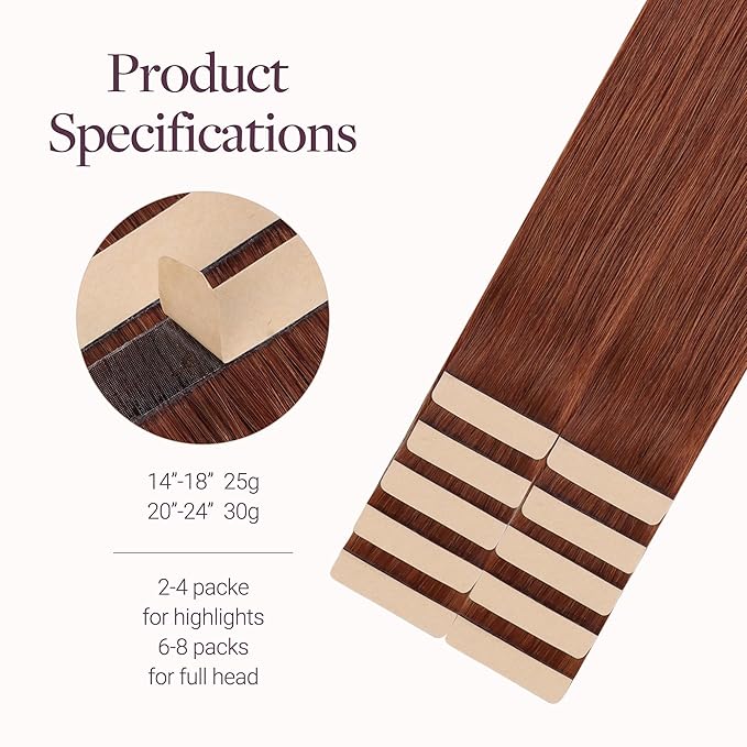 GOO GOO Tape in Hair Extensions Human Hair, #33B Dark Auburn Copper, 22inch 30g 10pcs, Skin Weft Seamless Invisible, Silky Straight with Thick Ends, Remy Human Hair