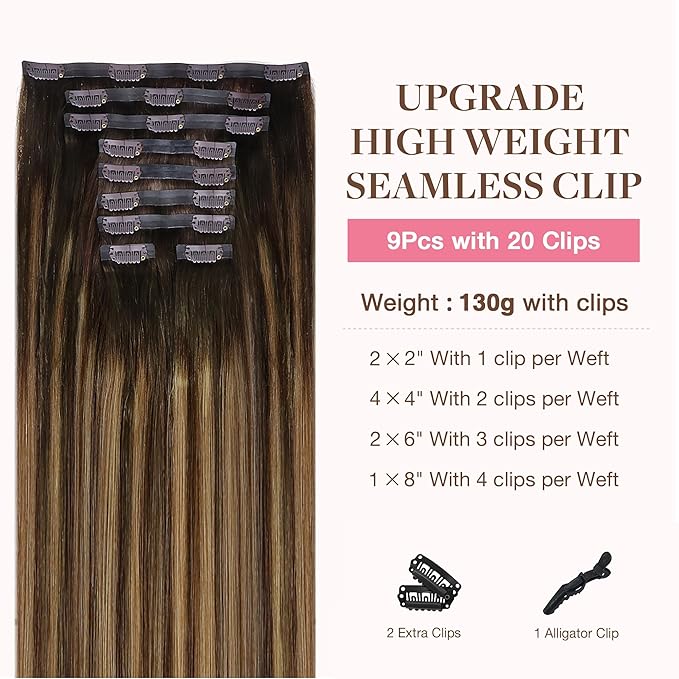 GOO GOO Clip in Hair Extensions Real Human Hair, Remy Human Hair Extensions Clip ins for Women, Natural Human Hair, 18inch 170g 9Pcs, #4/27/4 Balayage Chocolate Brown to Caramel Blonde