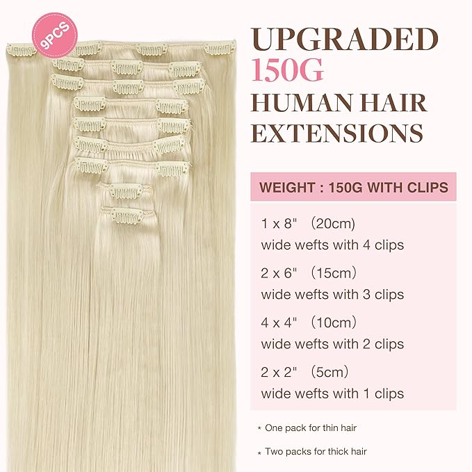 GOO GOO Clip in Hair Extensions Real Human Hair, Remy Human Hair Extensions Clip ins for Women, Natural Human Hair, 14inch 150g 9Pcs, 60A Platinum Blonde